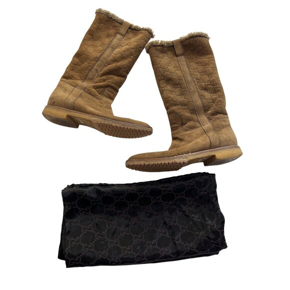 Gucci Suede Monogram Shearling Boots in Brown with Dustbag - Picture 2 of 12